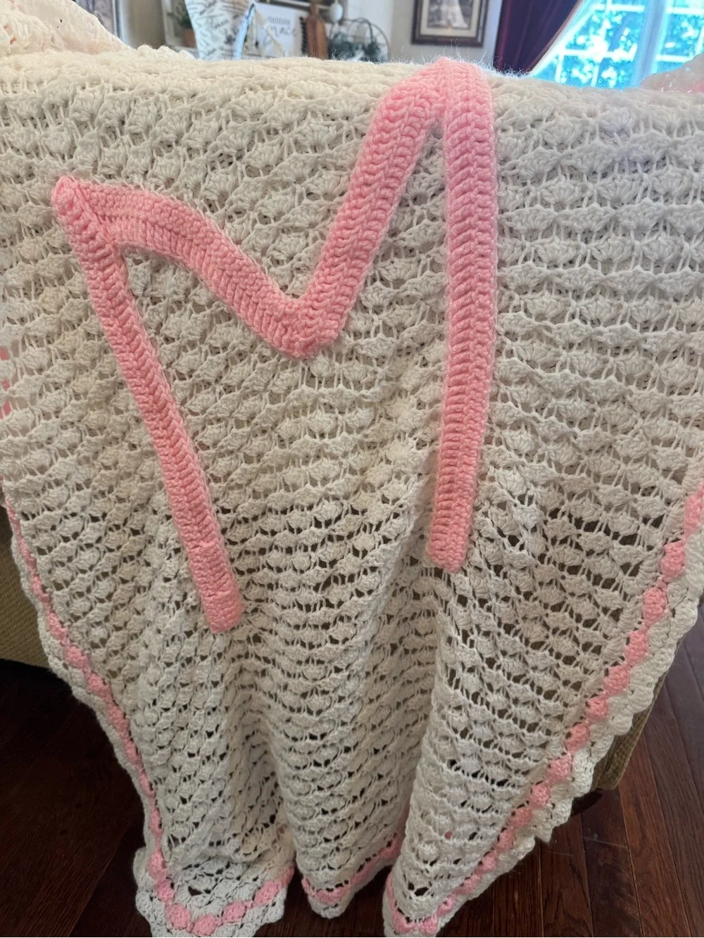 Vintage Handmade Crochet M Monogram Baby Blanket White Pink Nursery Shower Crib